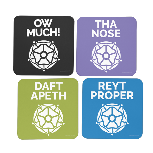 Yorkshire Dialect Coaster Set - Ow Much, Tha Nose, Daft Apeth, Reyt Proper