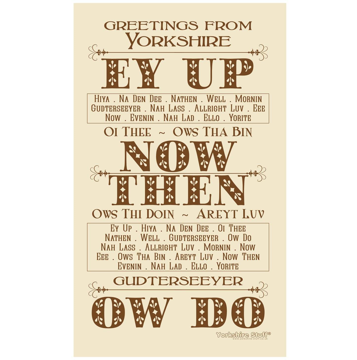 Tea towel with brown text on unbleached cotton, reads: Greetings from Yorkshire, Ey Up, Hiya, Ha Den Dee, Nathen, Well, Mornin, Gudterseeyer, Nah Lass, Allright Luv, Eee, Now, Evenin, Nah Lad, Ello, Yorite, Oi Thee, Ows Tha Bin, Now Then, Ows Thi Doin, Areyt Luv, Ow Do. Yorkshire Stuff Logo in corner.